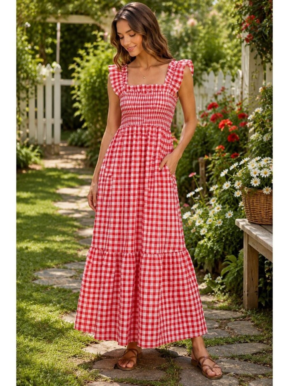 Red White Gingham Smocked Maxi Dress Small Cottagecore Picnic Prairie Dress
